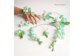 Коллекция украшений с голубыми ирисами "Море грез": колье, серьги, браслет, кулон, брошь, ободок, заколка, кольцо.