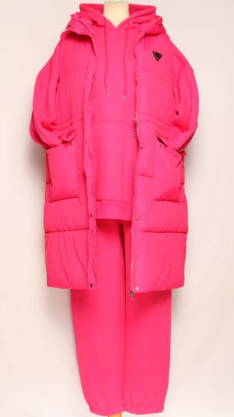 Костюм тройка: худи, брюки, жилет."Теплый с жилетом" фуксия р.50-54