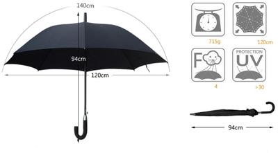 Зонт-трость 16 спиц полуавтомат, ручка крючок (большой купол 120см)
