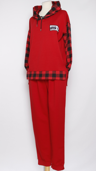 КОСТЮМ ХУДИ   И БРЮКИ  "КЛЕТКА" красный р.50-54