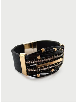 (АРТИКУЛ: 7556/61) БРАСЛЕТ ЖЕНСКИЙ, ЧЕРНАЯ КОЖА, МЕТАЛЛ "ЗОЛОТО", СТРАЗЫ,  НА МАГНИТЕ