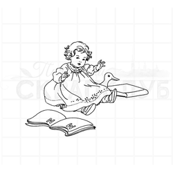 Штамп девочка среди книжек с гусенком