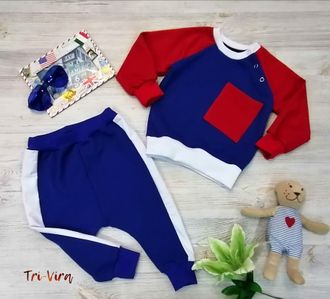 Арт. НР/Б Комплект для  мальчиков и девочек(футер).Цвет:васил/красн/бел. Размер с 62-128