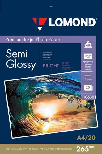 Полуглянцевая двусторонняя ярко-белая (Semi Glossy Bright) микропористая фотобумага Lomond для струйной печати, A4, 265 г/м2, 20 листов.
