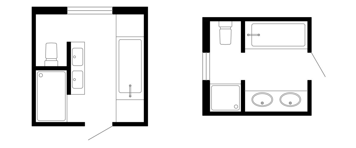 Варианты расположения ванной, душа, двух умывальников и унитаза в ванной комнате