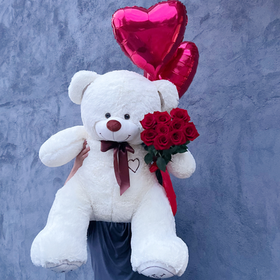 Подарочный набор №16 - Плюшевый мишка 160 см, Шары сердца 2, букет красных роз Эквадор