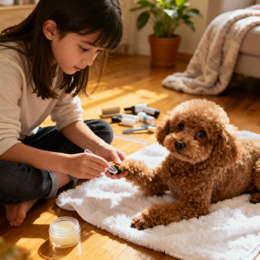 Девочка мажет лапки собаки защитным воском