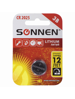 Батарейка SONNEN Lithium, CR2025, литиевая, 1 шт., в блистере, 451973