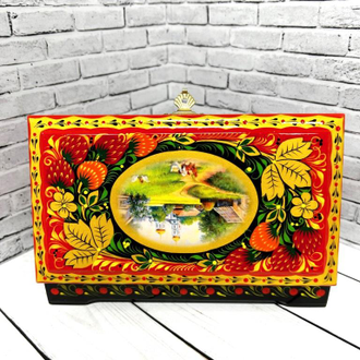 Шкатулка для денег Летний пейзаж 180х100 мм деревянная с росписью Хохлома