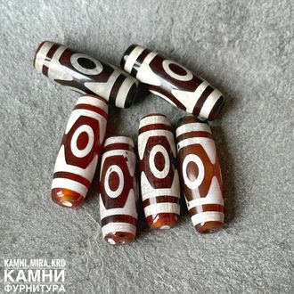 Бусины Дзи средние биконусы на основе агата "3 глаза"черно-коричневые 29х10 мм, цена за штуку