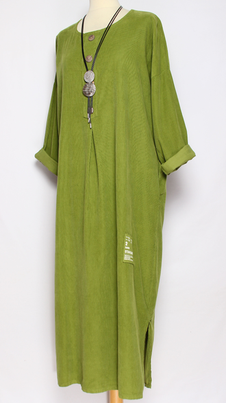 Платье Бохо вельветовое "ПЛАНКА ЗАЩИП ПУГОВИЦЫ" яблоко, горчица до р.56