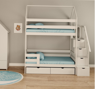Кровать домик с лестницей комодом (Белый) (160*80)