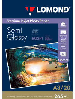 Полуглянцевая двусторонняя ярко-белая (Semi Glossy Bright) микропористая фотобумага Lomond для струйной печати, A3, 265 г/м2, 20 листов.