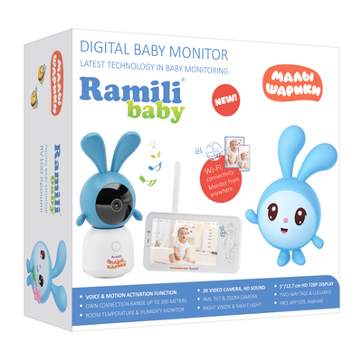 Комплект Ramili Baby RV100KROSH Крошик, Малышарики, Wi-Fi моторизированная видеоняня с креплением + монитор с диагональю 12,7 см., интерком, DVR, 2k (3Mpx)