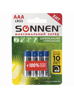 Батарейки КОМПЛЕКТ 4 шт., SONNEN Super Alkaline, AAA (LR03, 24А), алкалиновые, мизинчиковые, в блистере, 451096