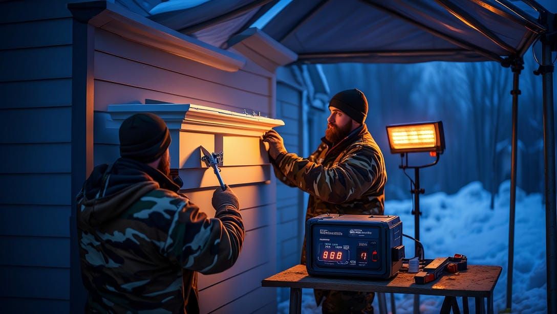 Ночной кадр: подсвеченная рабочая палатка на фасаде, внутри &mdash; монтажники фиксируют элемент и 