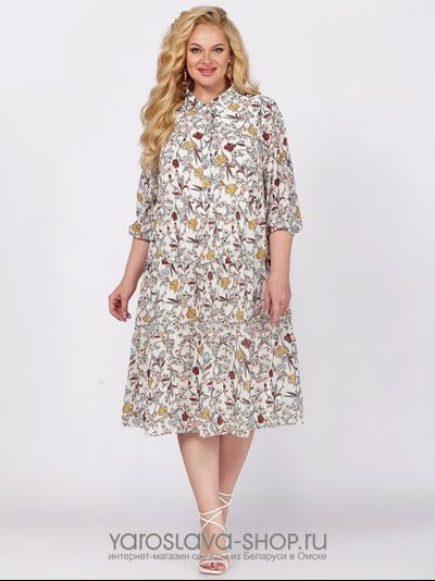 Модель: А-3967-1. Платье из шифона молочного цвета с растительным орнаментом.