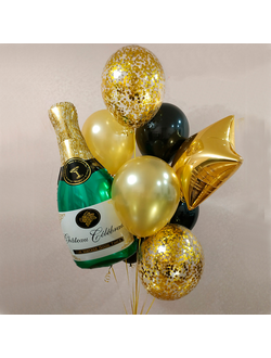 Фонтан из шаров, бутылки шампанского и золотой звезды