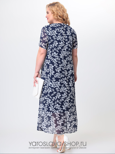 Платье нарядное из шифона с лиственным принтом на синем