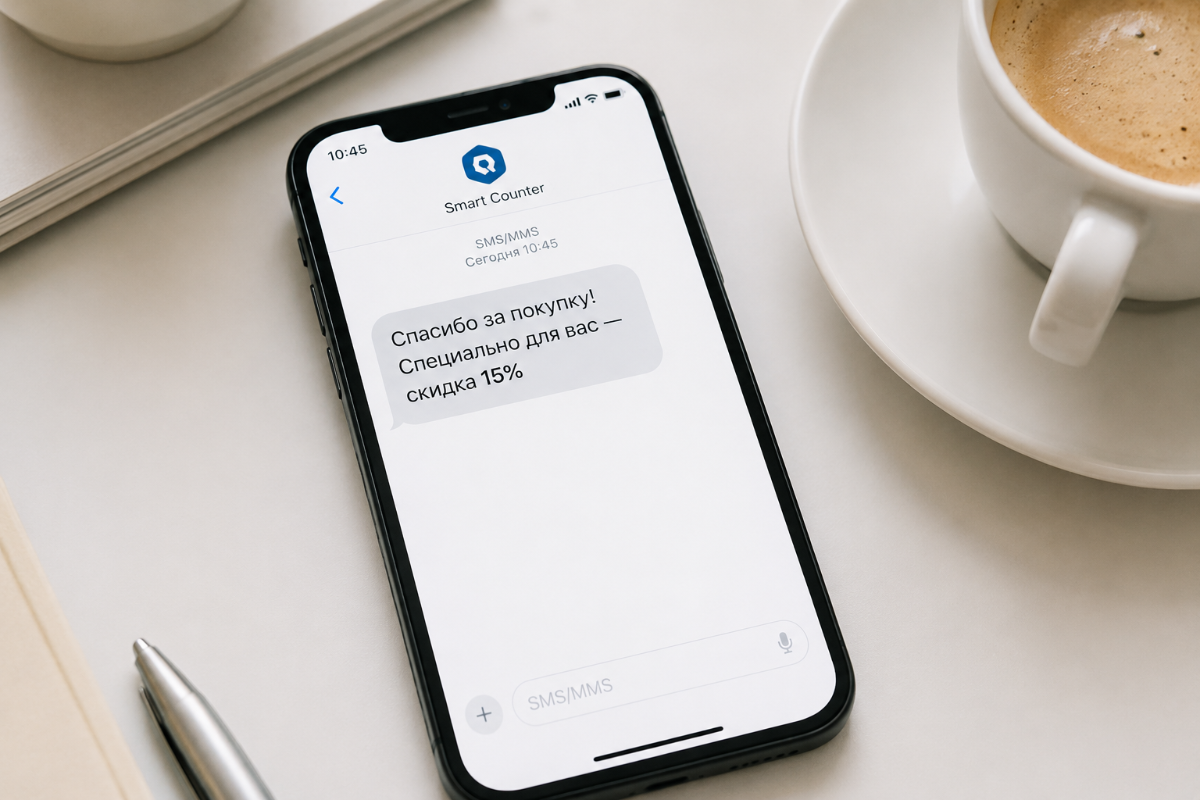 Продавец передаёт покупателю флаер обратной связи у кассы под вывеской Smart Counter