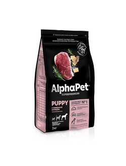 AlphaPet (АльфаПет) Superpremium сухой корм для щенков до 6 месяцев, беременных и кормящих собак крупных пород с говядиной и рубцом, 3 кг