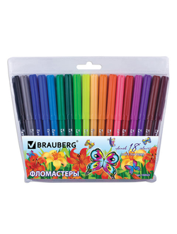 Фломастеры BRAUBERG "Wonderful butterfly", 18 цветов, вентилируемый колпачок, пласт. упаковка, увеличенный срок службы, 150523, 6 наборов
