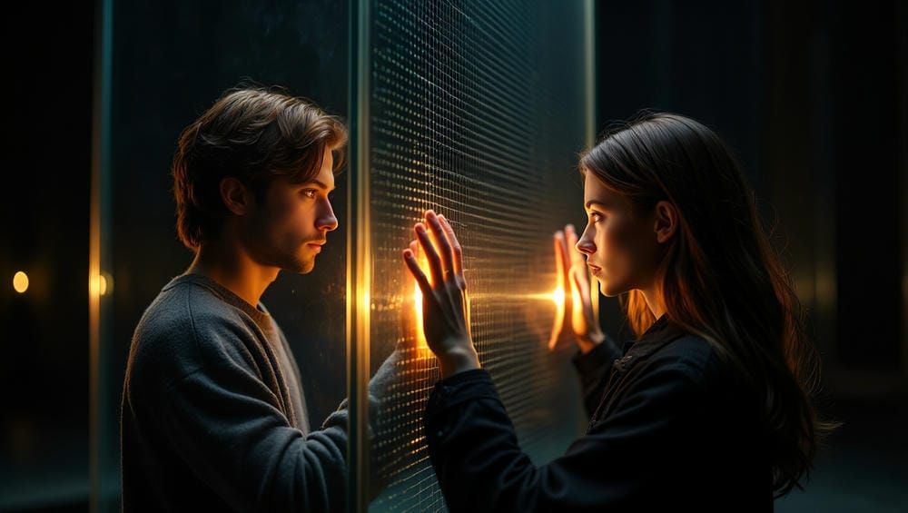 Тонкое стекло между двумя людьми, которое становится прозрачным от прикосновения.