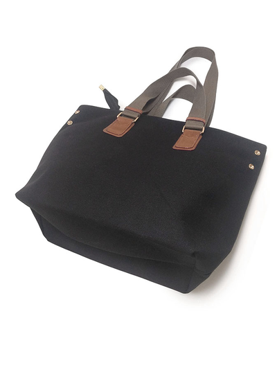 (АРТИКУЛ: 9924/1/1) СУМКА БОЛЬШАЯ, ТЕКСТИЛЬ, ЧЕРНАЯ С БЕЛЫМИ БУКВАМИ, КОРИЧНЕВЫЕ РУЧКИ ЧЕРЕЗ ПЛЕЧО