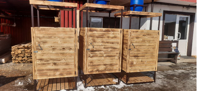 Душевая кабина (из вагонки с обжигом, металлический каркас 20*40, бочка 65л)