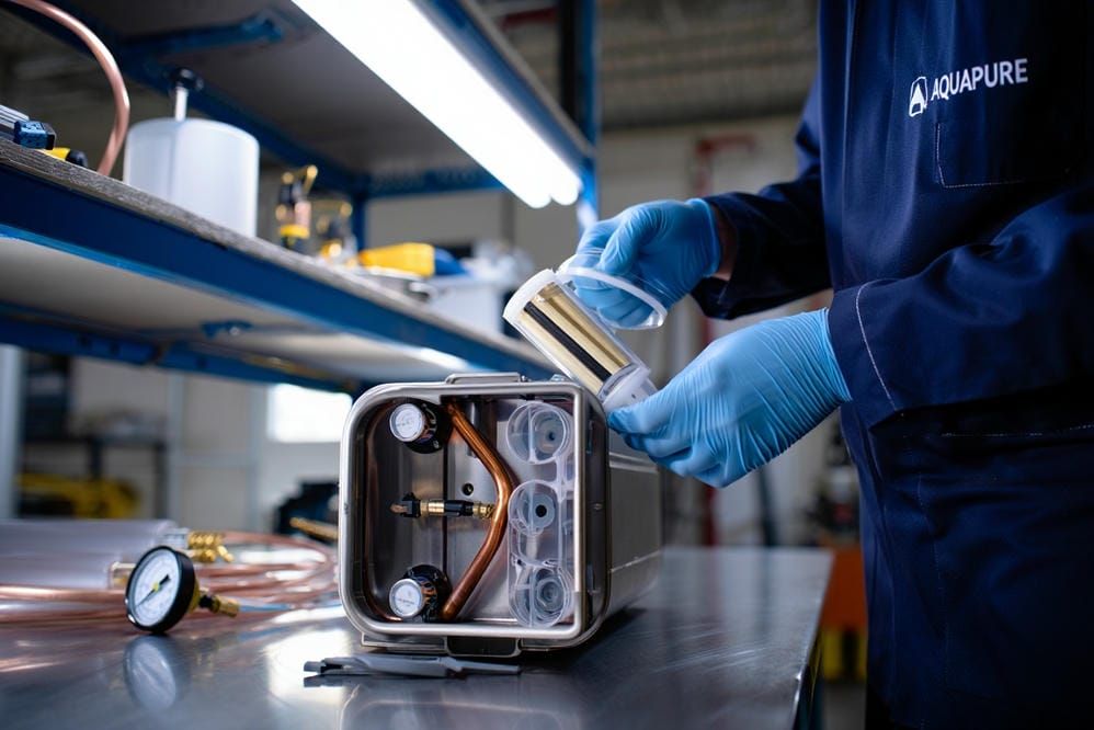 Мастер сервисного центра &laquo;Пурифайеры&raquo; проводит диагностику системы фильтрации в Волгограде.