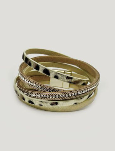 (АРТИКУЛ: 7125/51) БРАСЛЕТ ЖЕНСКИЙ, НАМОТКА, КОЖАНЫЕ НИТИ, МЕТАЛЛ, МЕЛКИЕ СТРАЗЫ, ЦВЕТ "ЗОЛОТИСТЫЙ/ЛЕОПАРД", НА МАГНИТЕ