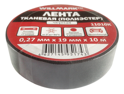 Лента тканевая (полиэстер) WILLMARK  19 мм х 0,27 мм х 10 м (черная), 11052
