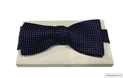 Мужская бабочка темно-синего цвета с принтом в белый горошек. 100% натуральный шелк, премиум класса