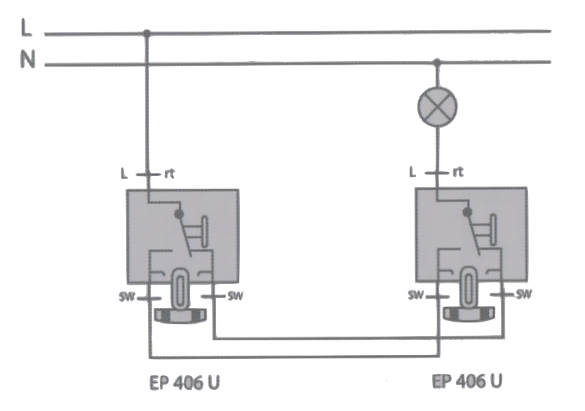 Схема подключения переключателя Jung EP406U, для управления освещением с двух мест