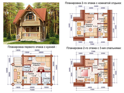 Дом-баня из бревна с балконом и террасой ДБ-11, площадь 64 м2
