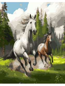 Картина по номерам OK11327 Эксклюзив!!! Бегущие по лесу лошади