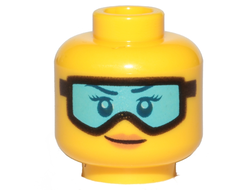 Minifigure, Head Female Dark Blue Eyebrows, Eyelashes, and Eyes, Black Ski Goggles with Medium Azure Lens, Nougat Lips, Grin Pattern - Hollow Stud, Yellow (3626cpb2139 / 6225115)