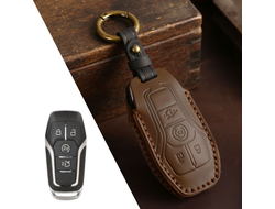Чехол для смарт ключа Ford Mondeo 5, Explorer 5 с 4 кнопками на брелке. Натуральная коричневая кожа.