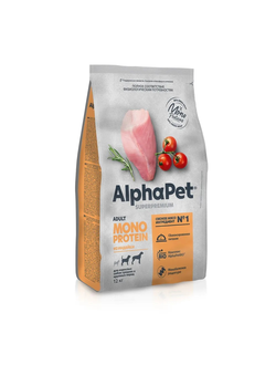 AlphaPet (АльфаПет) Superpremium Monoprotein сухой корм для взрослых собак средних и крупных пород с индейкой, 12 кг