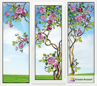 Витражная пленка, витражная пленка самоклеющаяся под заказ,пленочный витраж с цветочным рисунком