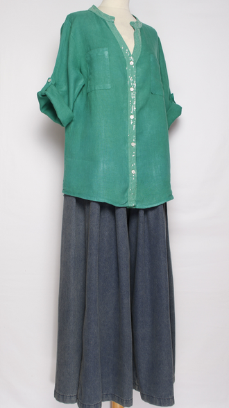 РУБАШКА ЛЁН "КРУЖЕВО НА СПИНЕ"  малахит р.46-52