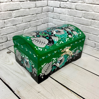 Деревянная шкатулка сундучок Серебристо-зеленая 120*80 мм для украшений с росписью Хохлома