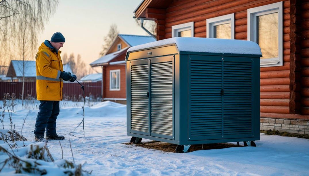 Всепогодный отапливаемый кожух с генератором на снегу у частного дома в Уральской деревне, вид спере