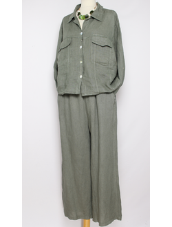 Брюки "Лён трубы" хаки  р.48-54