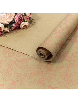 Бумага крафт упаковочная для подарков\цветов (принт "Вьюнок" крафт/розовый), 70см*10м
