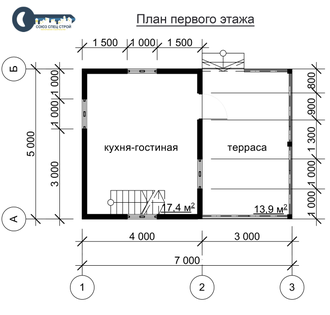 Д-03 ДАЧНЫЙ ДОМ ИЗ БРУСА: ГАБАРИТНЫЕ РАЗМЕРЫ: (7Х5М), ОБЩАЯ ПЛОЩАДЬ: 55М²