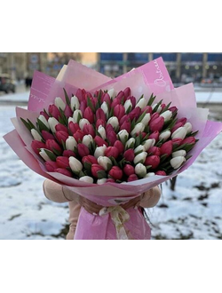 Букет 101 тюльпан розовый и белый