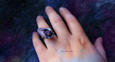 Ночная Фея (Фея Цветов). Авторское кольцо с цветком из полимерной глины и стразами Swarovski