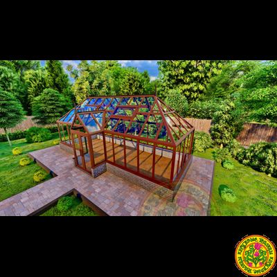 Базовая комплектация теплицы в английском стиле с холлом из стекала и алюминия ВИКТОРИЯ SL размером 8000 х 3000 мм