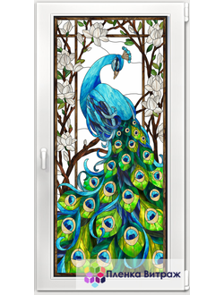 Витражная пленка, витражная пленка самоклеющаяся под заказ,пленочный витраж флора с павлином